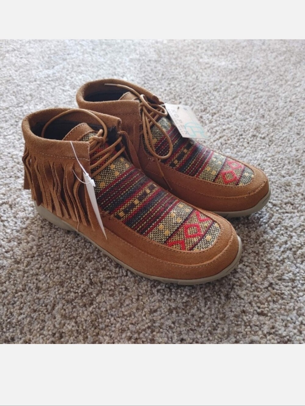 Roper Fringe Suede Ankle Sneakers in Brown with Patterned Textile Moccasins